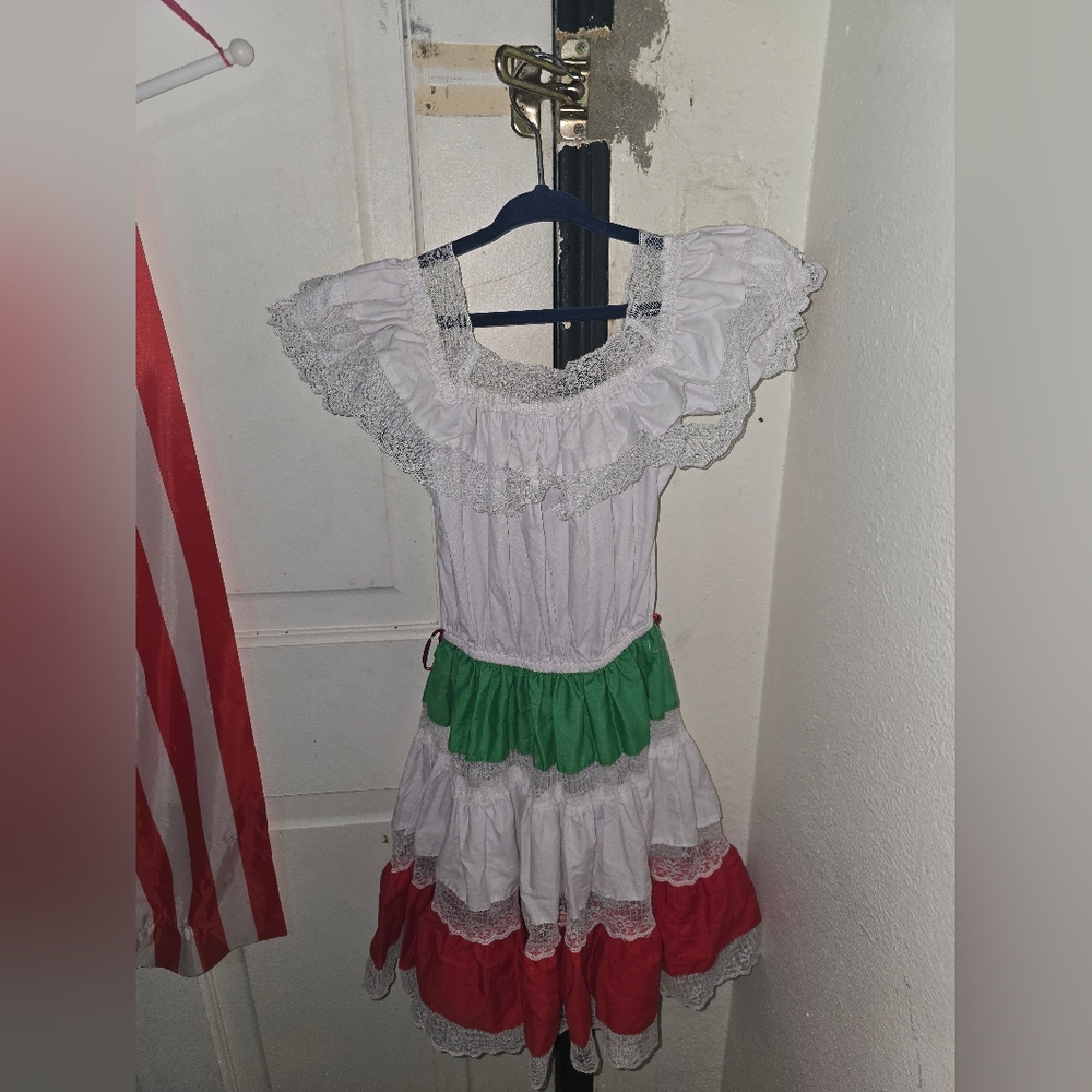 Mexicana Kids Dress - White, Green, Red